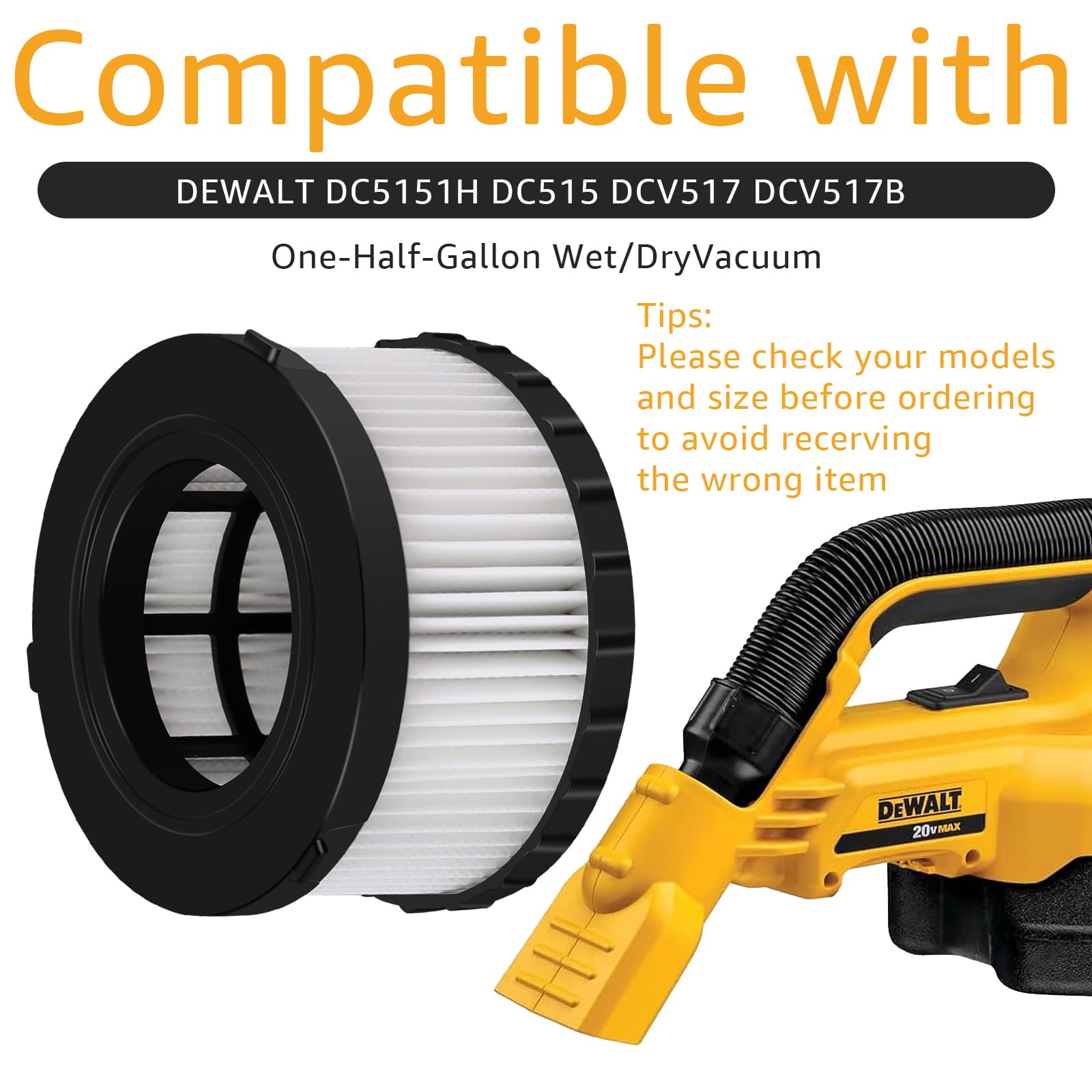 Paquete de 4 filtros HEPA DC515H compatibles con aspiradora seca y húmeda DEWALT DC515 DCV517 DCV517B, equipado con 2 cepillos de limpieza que se pueden reutilizar