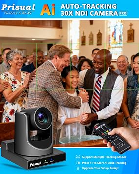 Prisual NDI PTZ Camera System Gen 5, 30X Optical Zoom, NDI 6 & NDI HX3 Certified, AI Auto Tracking, PoE HDMI Bundle with PTZ Controller for Church Worship, (NDI PTZ Bundle TEM-30N PROx2+PRO AI Joy)