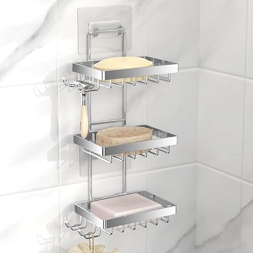 Miniatura 21 de Moforoco Soporte doble para barra de jabón para ducha, sin taladrar, acero inoxidable 304, soporte de jabón montado en la pared con 4 ganchos