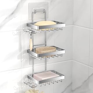 Moforoco Silver Soap Dish Holder for Shower Wall, No Drilling, 3-Tier 304 Rustproof Stainless Steel, Soap Bar Holder with 4 Hooks, Shampoo Bar Holder for Shower Caddy for Bathroom