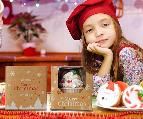 Miniatura 5 de Cajas para cupcakes de Navidad, 50 unidades, caja individual de papel kraft marrón con árboles de Navidad y ventana para vacaciones, mini cajas de