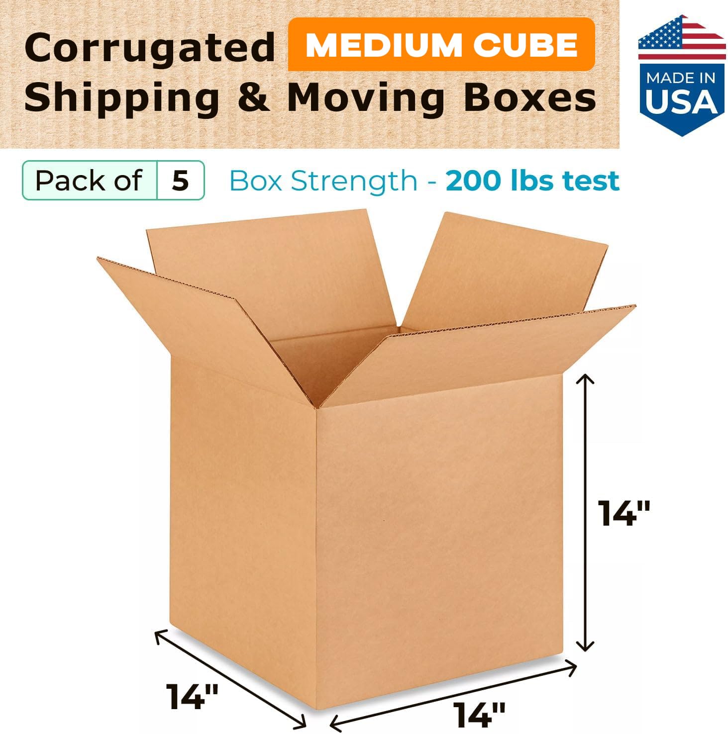 Medium Cube Moving & Shipping Boxes 14 x 14 x 14 inches (5-Pack) - Extra Strength 200 lb vs Regular - USA-Made Corrugated Boxes for Shipping - Medium Shipping Box by IDL Packaging