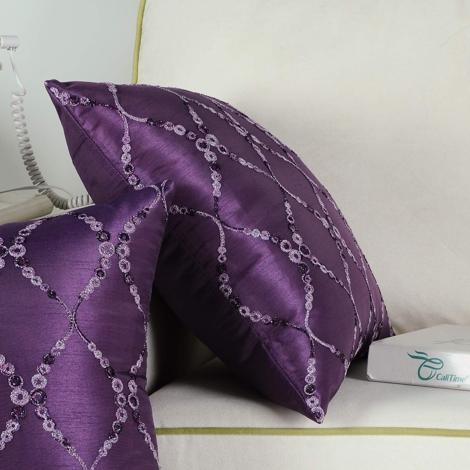 CaliTime Pack of 2 Cushion Covers Throw Pillow Cases Shells for Sofa Couch Home Decoration Modern Gradient Rings Waves Lines Geometric Chain Embroidered 18 X 18 Inches Purple