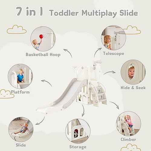 Miniatura 3 de Tobogán 6 en 1 para niños de 1 a 3 años, para interiores y exteriores, con aro de baloncesto, almacenamiento, escalador y telescopio, tobogán en