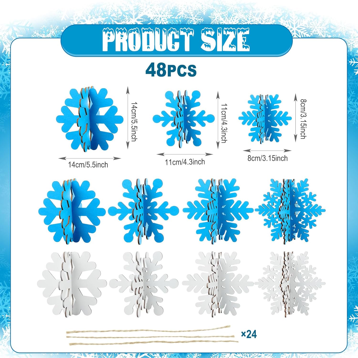 Chunful 48 Pcs Winter Wooden Snowflake Table Decorations 3D Snowflake Tabletop Christmas Hanging Signs Centerpiece for Xmas Home Wonderland Decor Party Supplies Holiday(White and Blue) - Image 3