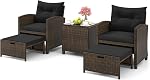 ORALNER 5 Pieces Patio Furniture Set with Ottoman, Wicker Conversation Set w/Cushions, Glass Coffee Table, Outdoor Lounger Rattan Chairs Bistro Set for Porch Balcony Garden Deck Poolside (Turquoise)