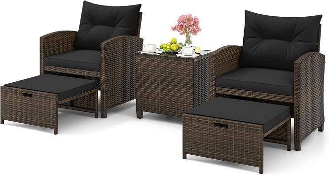 ORALNER 5 Pieces Patio Furniture Set with Ottoman, Wicker Conversation Set w/Cushions, Glass Coffee Table, Outdoor Rattan Lounger Chairs Bistro Set for Porch Balcony Garden Deck Poolside Black