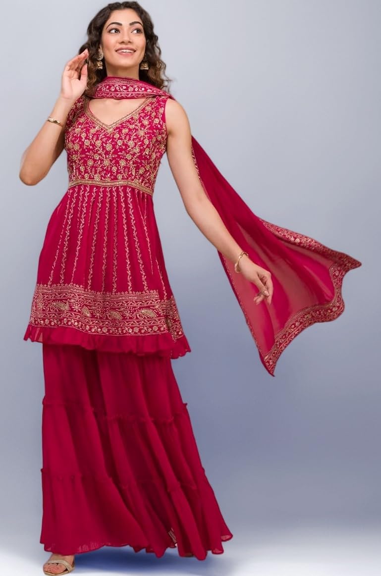 Xomantic Fashion Womens Purple Designer Zariwork Georgette Readymade Sharara Suit