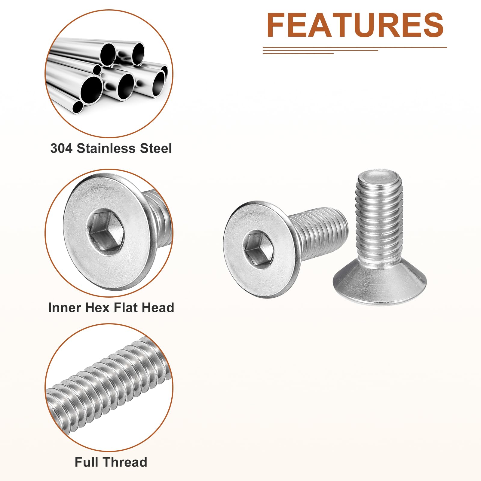 DTGN M10-1.5 x 25mm Flat Head Socket Cap Screws, 10 Pack 304 Stainless Steel Hex Socket Flat Head Screws, Full Thread - Image 4