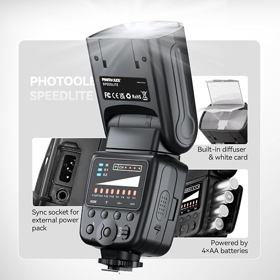 PHOTOOLEX Camera Flash for Canon Nikon Sony Panasonic Olympus Fujifilm Pentax Sigma Minolta Leica and Other SLR Digital and Digital Cameras with Single Contact Hot Shoe