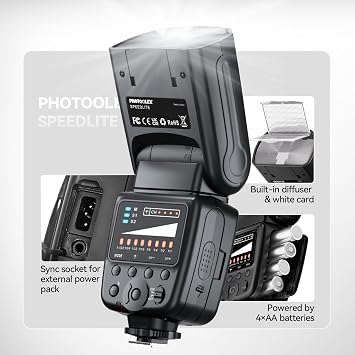 PHOTOOLEX Camera Flash for Canon Nikon Sony Panasonic Olympus Fujifilm Pentax Sigma Minolta Leica and Other SLR Digital and Digital Cameras with Single Contact Hot Shoe