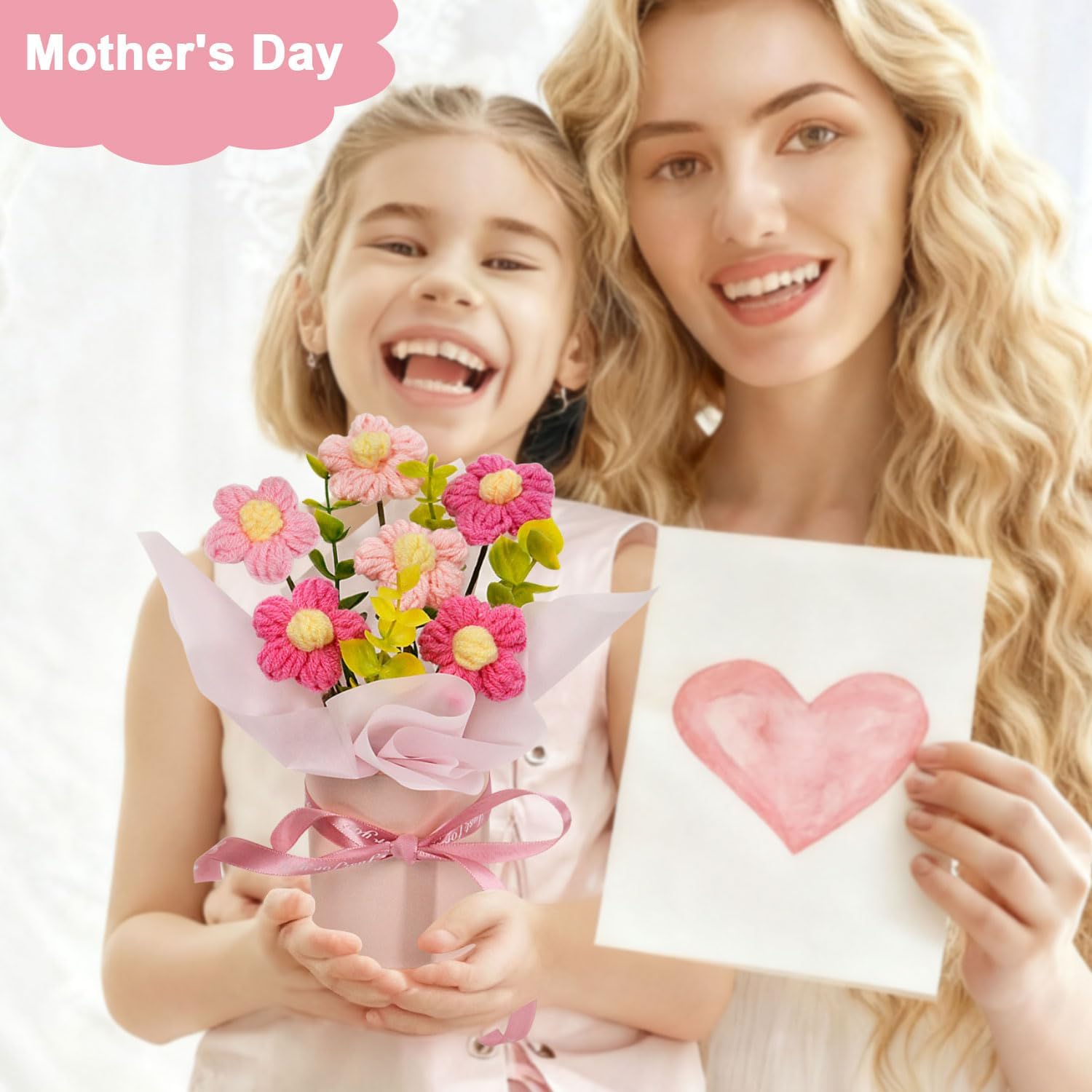 Crochet Flowers Bouquet, Handmade Knitted Pink Daisy Flowers Bouquet for Mother's Day, Valentine's Day, Graduation, Christmas, Office, Desk, Dashboard, Home Décor, Birthday Gift for Women (Pink-Daisy) - Image 3