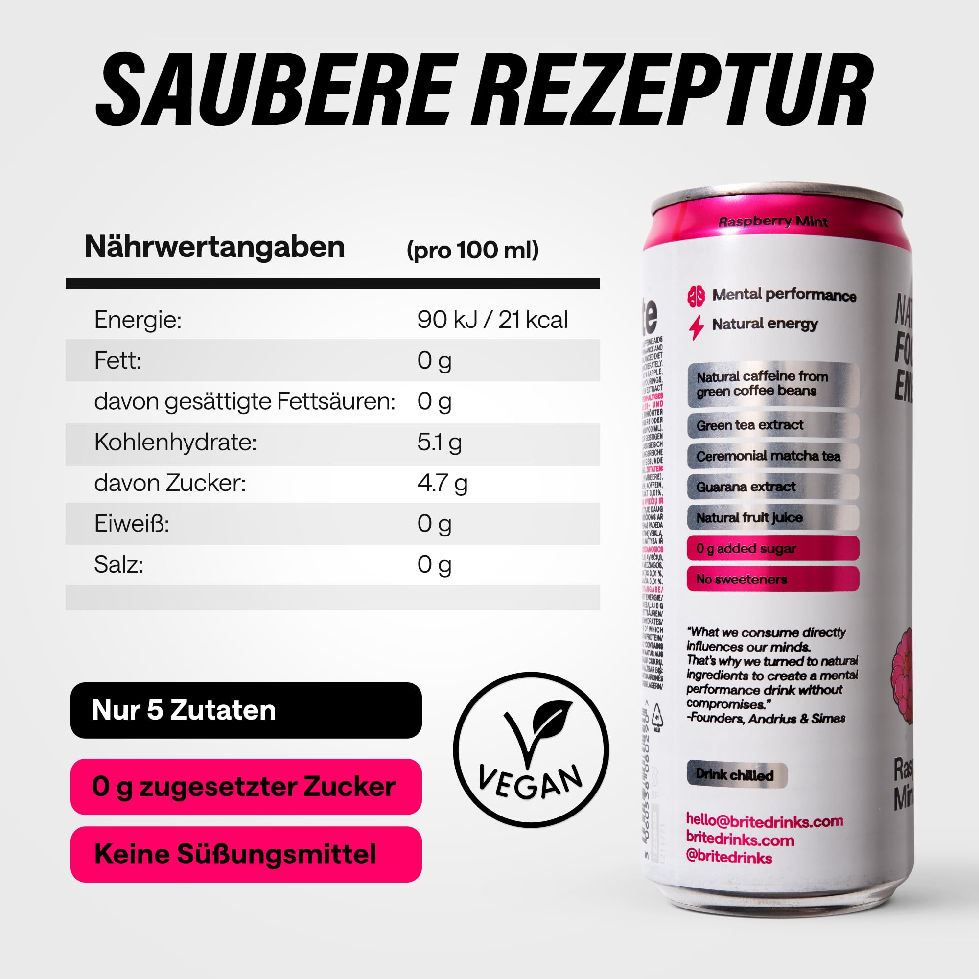 Brite Natural Focus. Energy-Drink & Kaffee-Alternative für mehr Produktivität. Pflanzlich, wissenschaftlich fundiert durch Neurowissenschaften. Kalorienarm, vegan, glutenfrei. Himbeere-Minze, 12 x 330