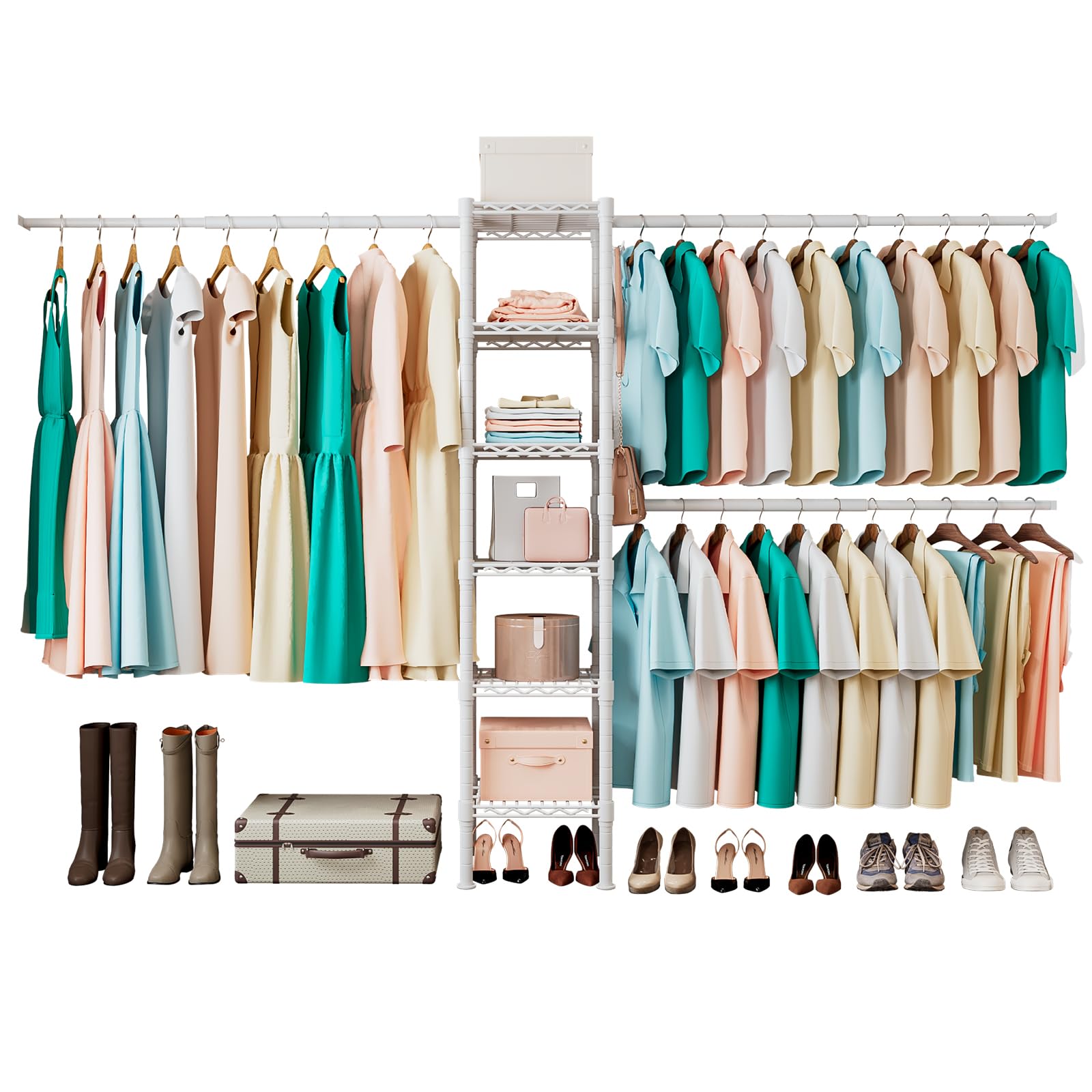 Armario Abierto Extensible con 3 Barras y 6 Estantes | Vestidor para Dormitorio, Blanco, 177–277 × 35 × 181 cm