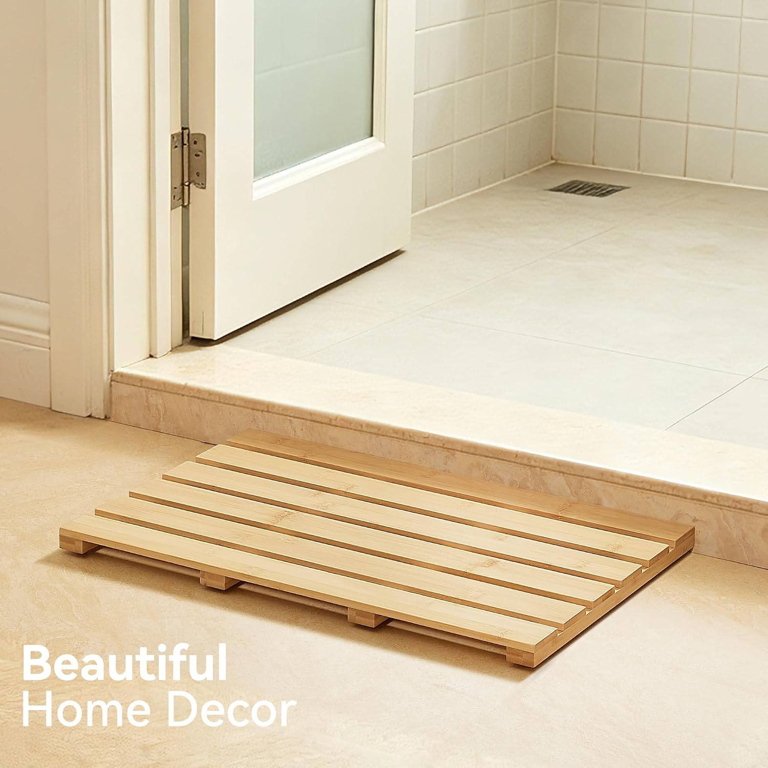 Bamboo Bath Mat, Non-Slip Waterproof Shower Mat with Rubber Feet Luxury Spa-Grade Wooden Floor Mat for Bathroom, Bathtub, Sauna, Indoor & Outdoor Use
