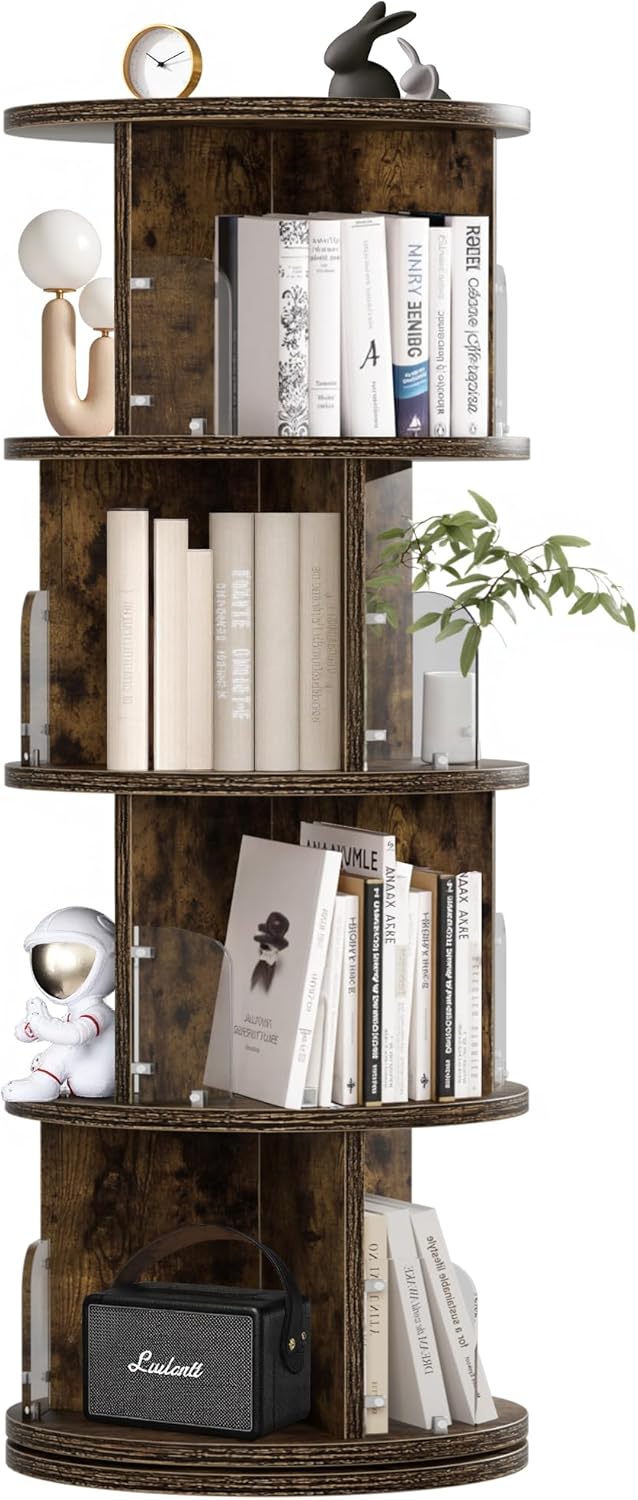 VECELO Rotating Bookshelf Tower, 360°Revolving Bookcase, Round Book Shelf Rotating, Stackable Storage Display Rack Floor Standing, Corner Bookshelf for Home Office, Brown