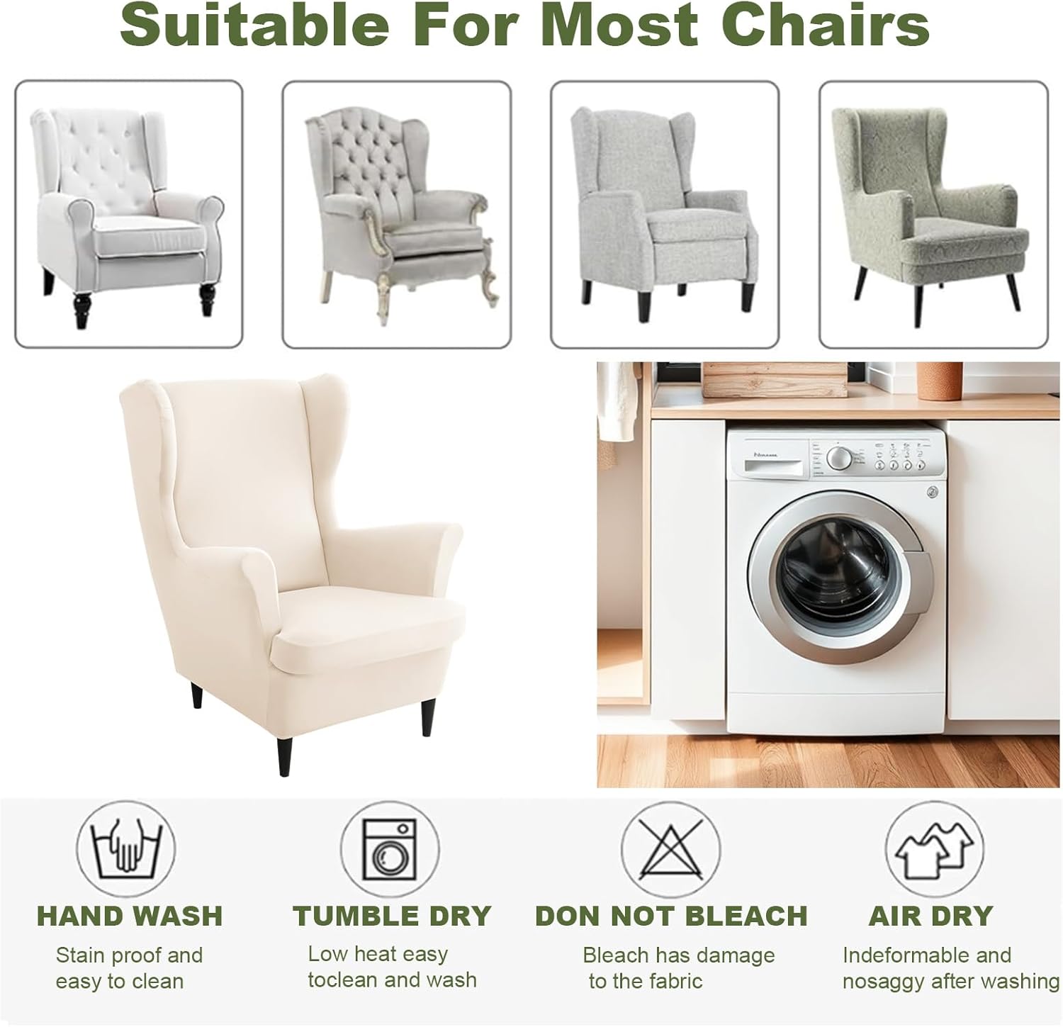 HAOYONG Wing Chair Slipcovers Waterproof Spandex Wingback Chair Covers 2 Pieces Wingback Armchair Slipcover Stretch Chair Slip Covers Washable Armchair Protector Cover for Living Room Bedroom - Beige