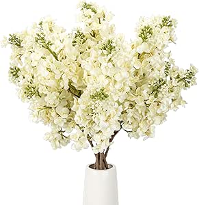 4PCS 25.6inch Lilac Artificial Flowers White Fake Delphinium Long Stem Silk Real Touch Flower Faux Lilac Floral Arrangement for Tall Vase Table Centerpieces Wedding Garden Home Decoration(White)