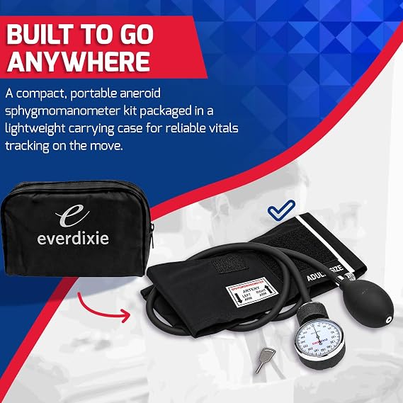 Dixie EMS Deluxe Aneroid Sphygmomanometer Blood Pressure Set W/Adult Cuff, Carrying Case and Calibration Tool - Black
