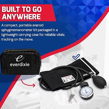 Dixie EMS Deluxe Aneroid Sphygmomanometer Blood Pressure Set W/Adult Cuff, Carrying Case and Calibration Tool - Black