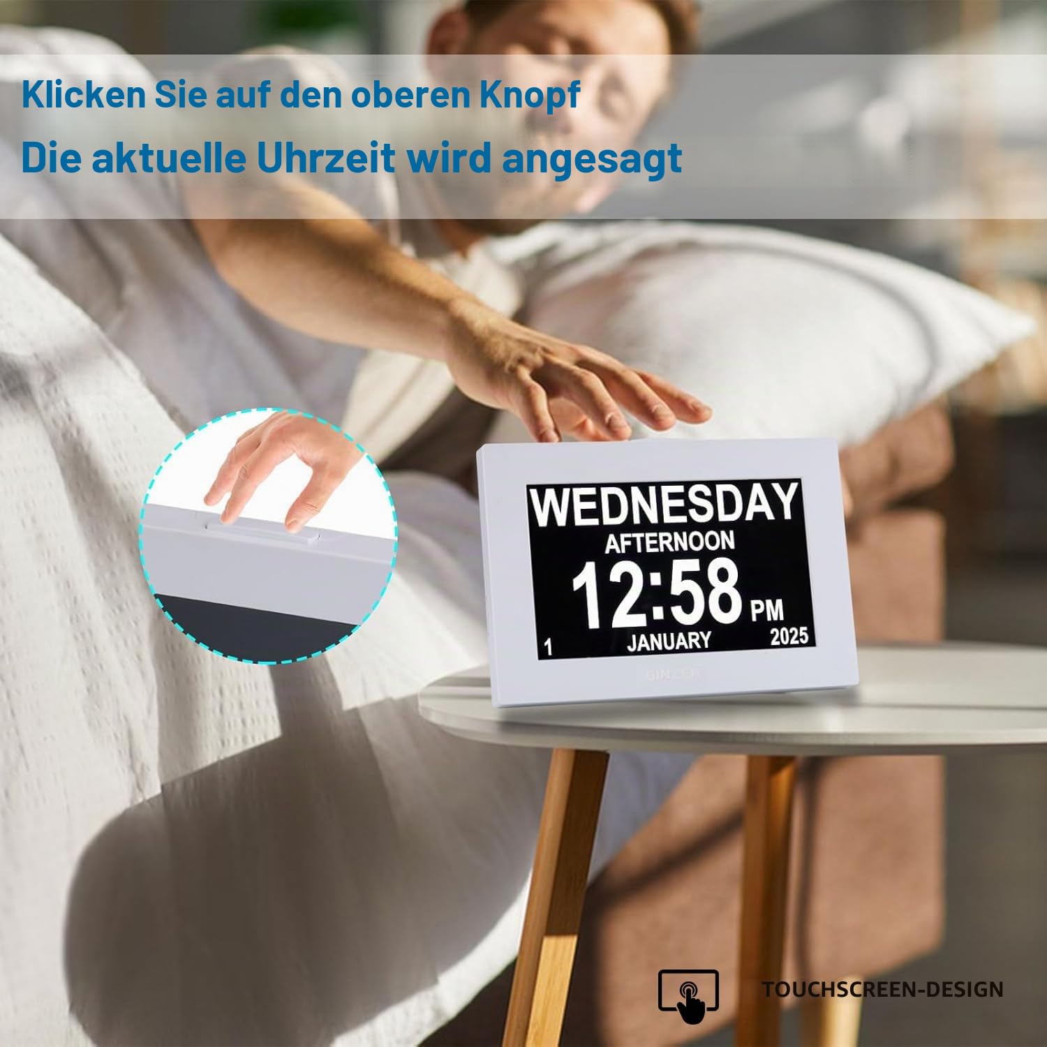 Touchscreen Demenz Wecker Design 2025 Neu, Digitaluhr 8 Zoll Großes Display Sprechende Kalenderuhr, mit Datum und Tag für ältere Alzheimer mit HD Digital Bilderrahmen