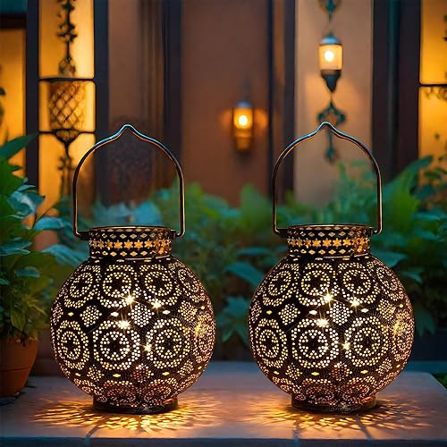 TRIROCKS Juego de 2 lámparas decorativas marroquíes de 7 pulgadas de alto alimentadas por batería inalámbrica, lámparas de mesa de metal con