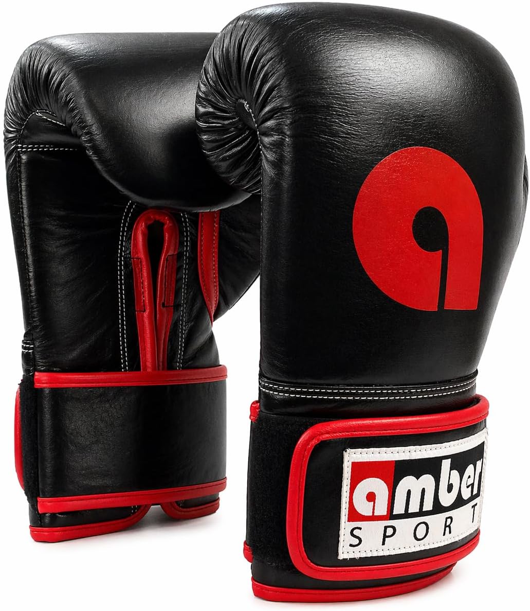 Amber Fight Gear Professional Leather Boxing Gloves – Hook & Loop Training Gloves for Muay Thai, Kickboxing & Sparring – Multi-Layered Foam Protection – Sizes 8oz to 18oz – Black