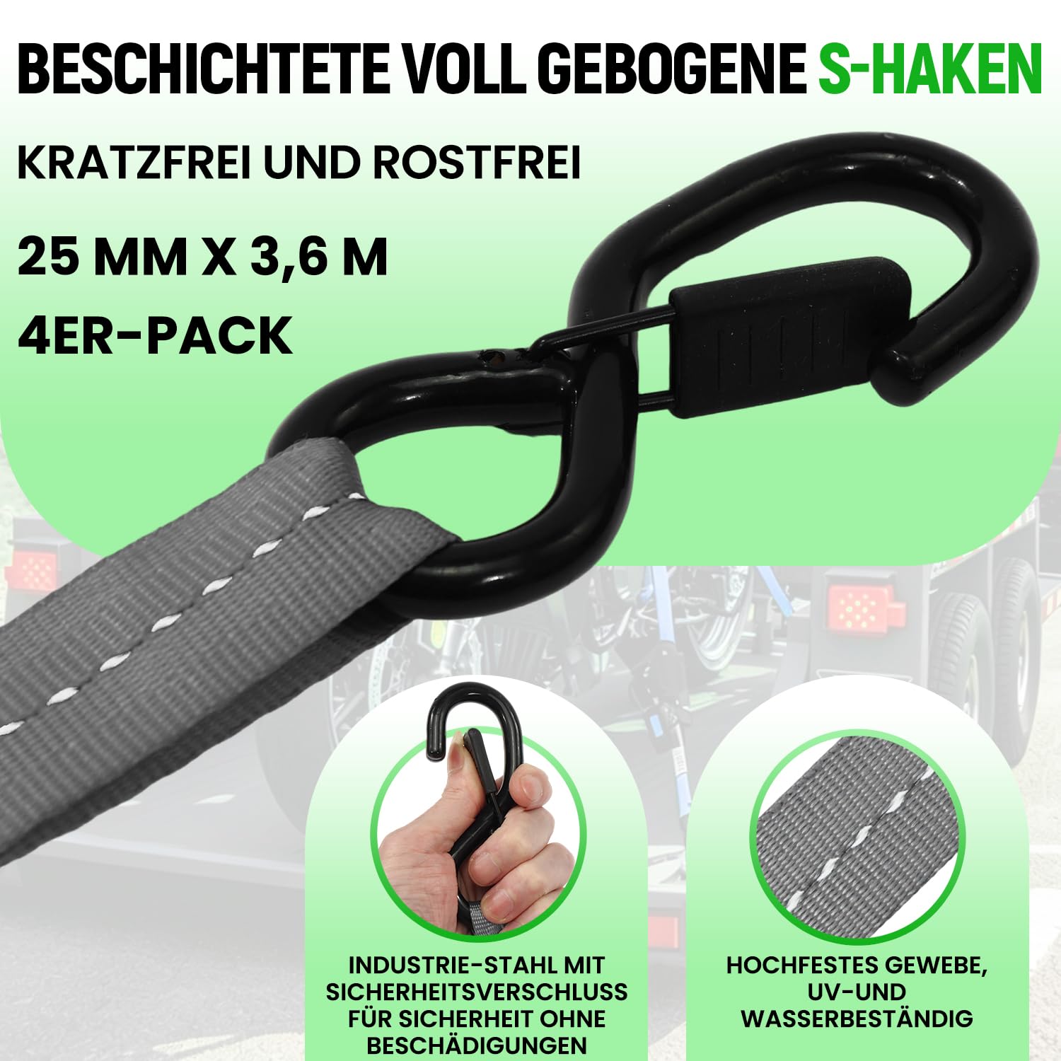 Automatik Spanngurt, 3,6m x 25mm Automatik Zurrgurt mit S Haken | 800kg Bruchlast Einziehbare Spanngurte, Selbstaufrollende Spanngurte für Motorrad, Kajak, LKW und Anhänger (Grau, 4 Stück)