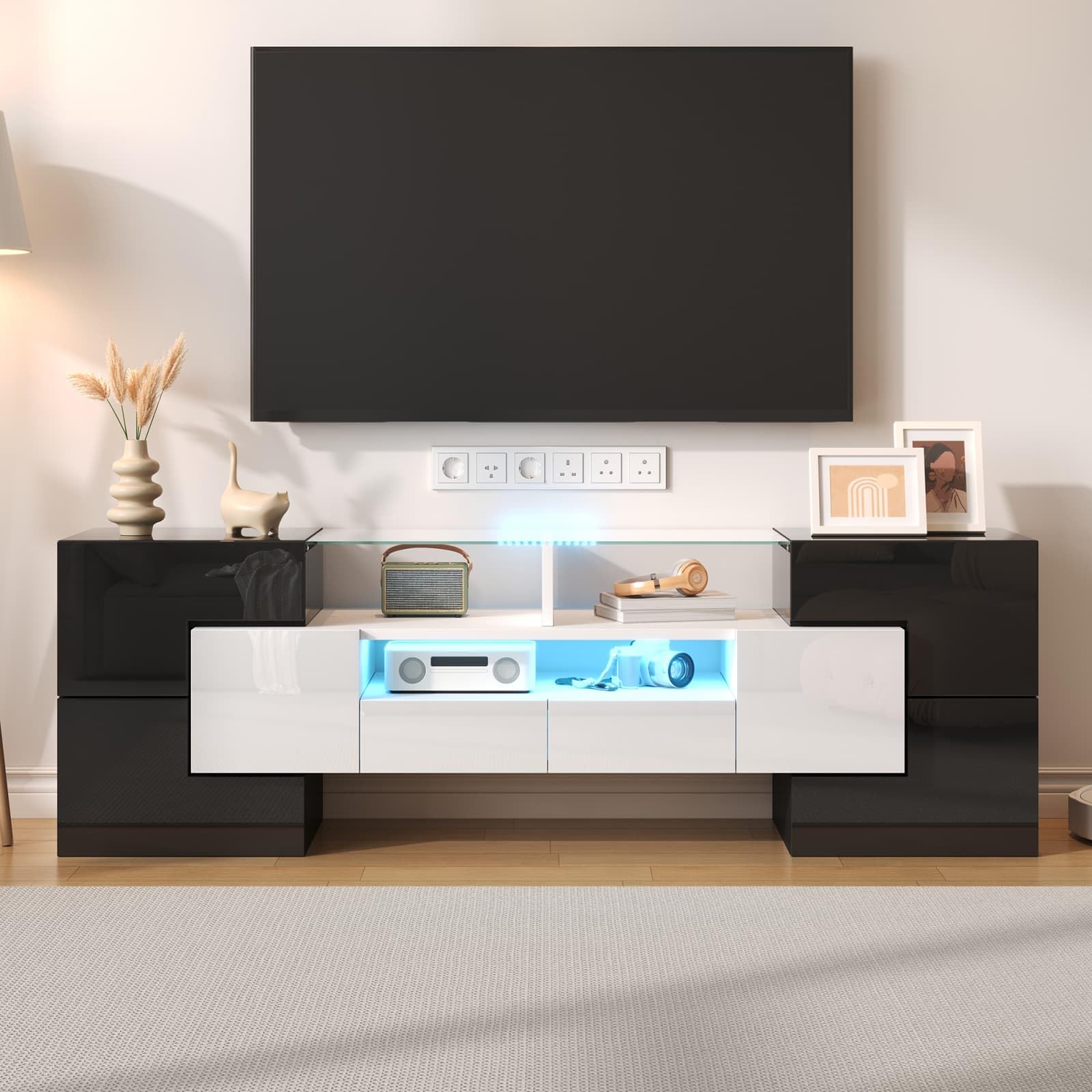 KOMHTOM Meuble TV Moderne avec 6 Portes et 2 Tiroirs, Meuble de Salon avec éclairage LED, pour Salon, Salle à Manger et Chambre à Coucher