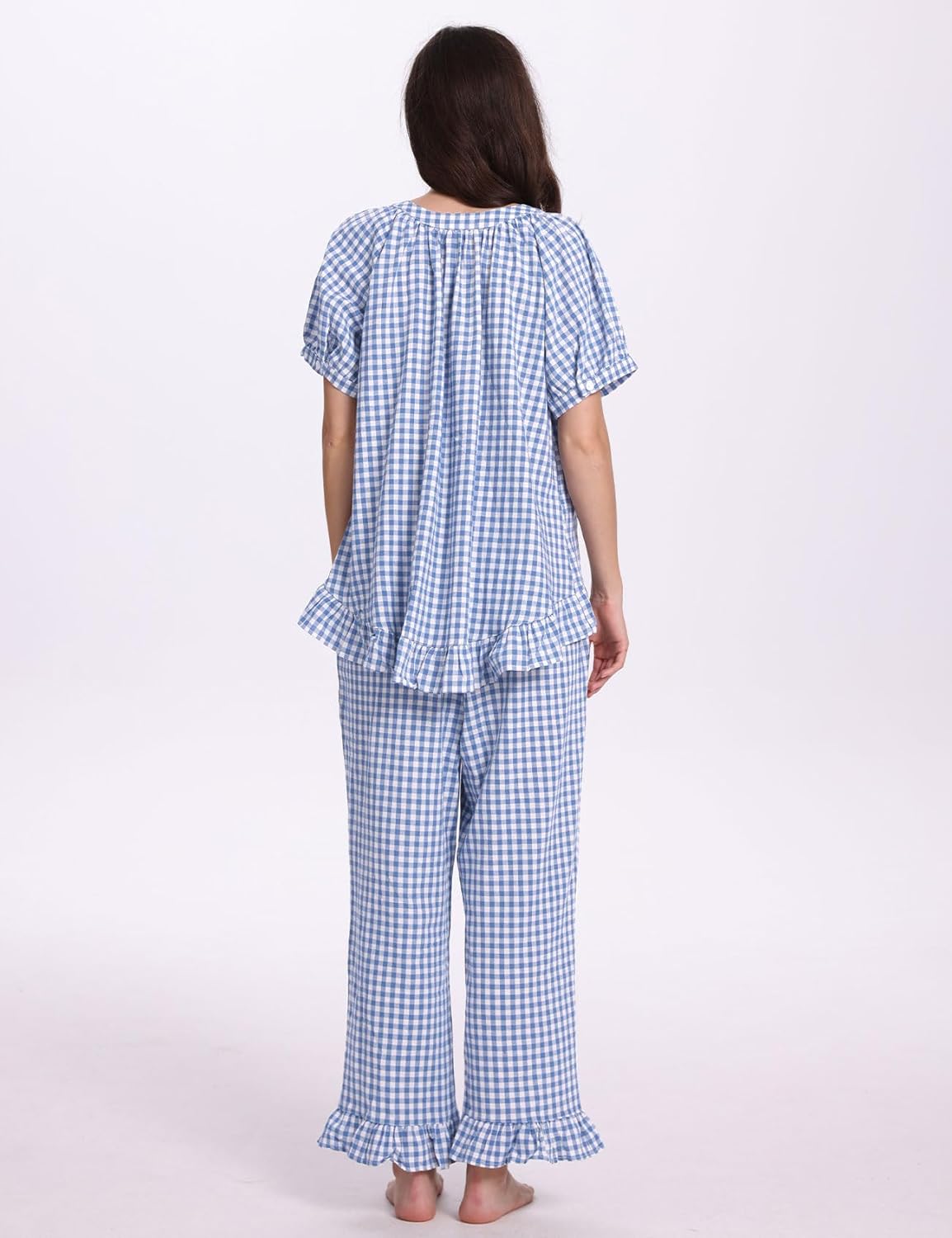 PEHMEA Womens Plaid 2 Piece Cotton Gingham Pajama Sets Short Sleeve Babydoll Shirt Ruffle Pants Y2K Lounge PJS Cute Sleepwear - Image 4
