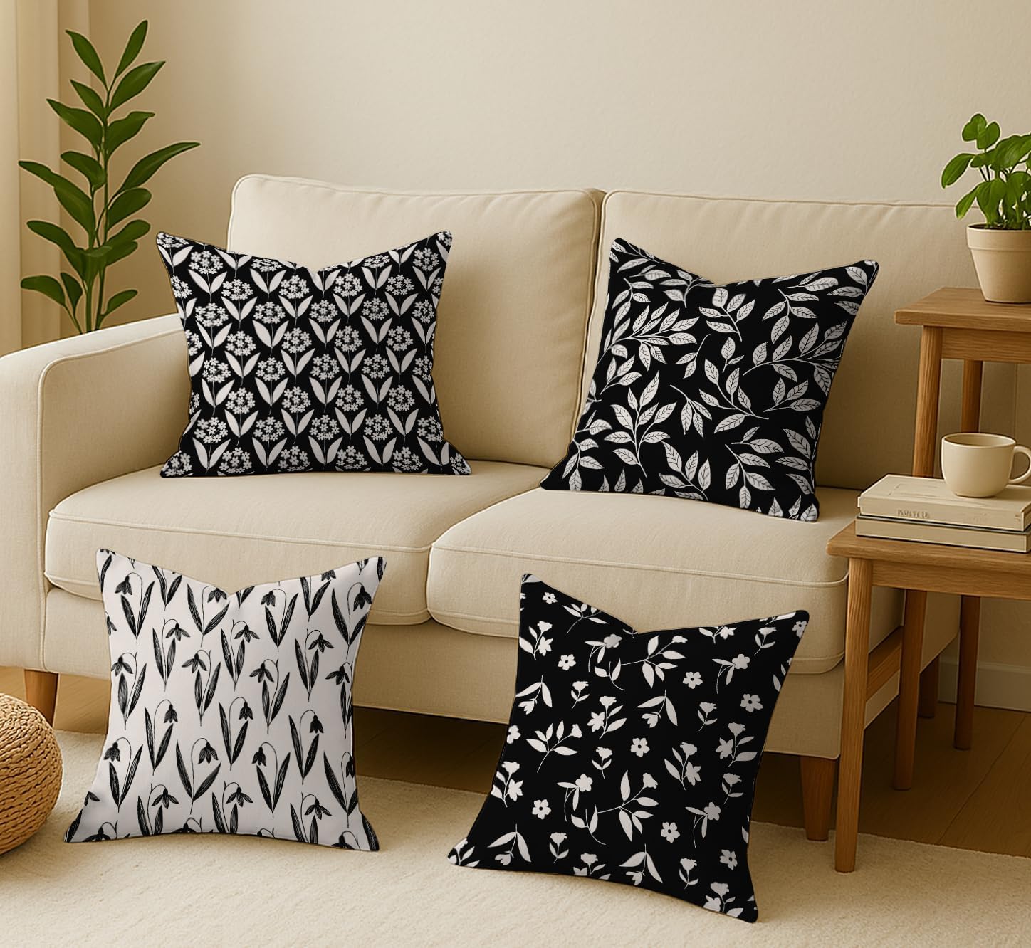 16x16 Inch Cushion Covers Set of 4 - Premium Cotton, Leaves Print, Reversible Printed Pillow Covers with Concealed Zipper - Black