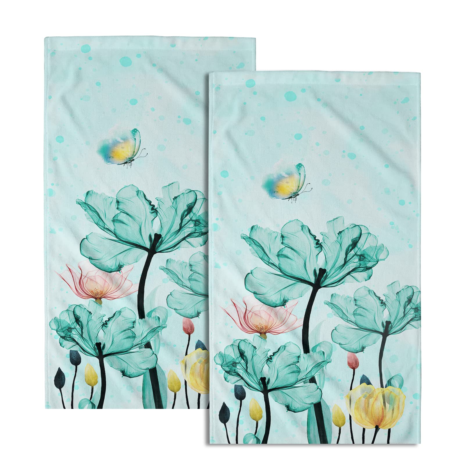 Giwawa Teal Floral Hand Towels Set of 2 Modern Flower Small Bath Towels Soft Guest Face Towel Bathroom Decorations Thin Kitchen Tea Dish Towels