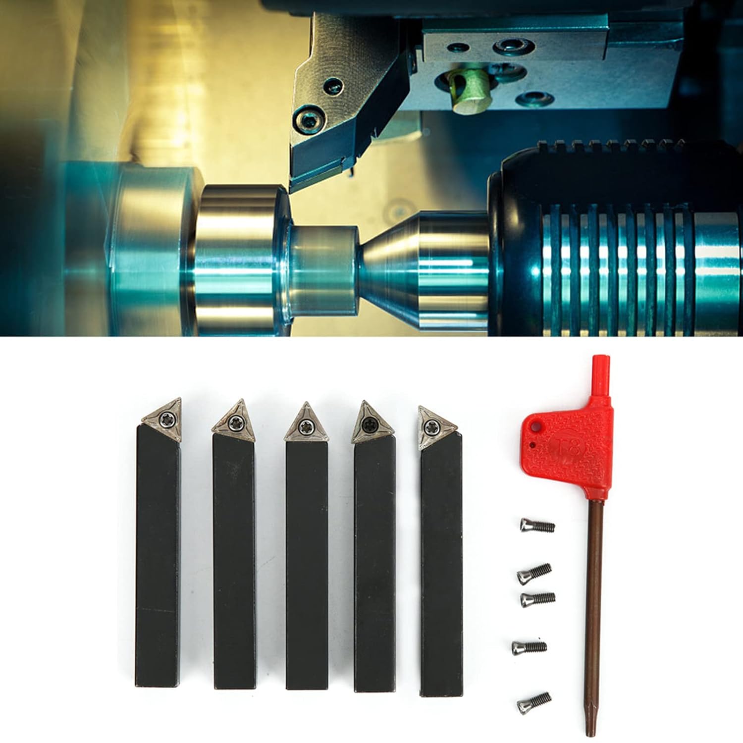5Pcs 3/8in Indexable Carbide Turning Inserts Holder Set for Machining Lathes, 5Pcs Screw with a Screwdriver for Turning Cutting Facing Boring and Chamfering