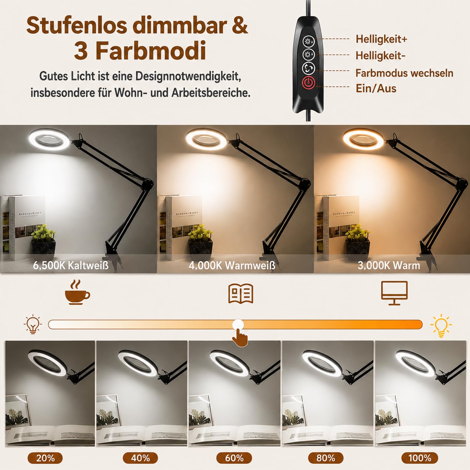 Lampada con lente di ingrandimento a LED con morsetto, ingrandimento fino a 15 volte a seconda della distanza, lampada dimmerabile con 3 modalità di colore, lente d'ingrandimento da tavolo con luce
