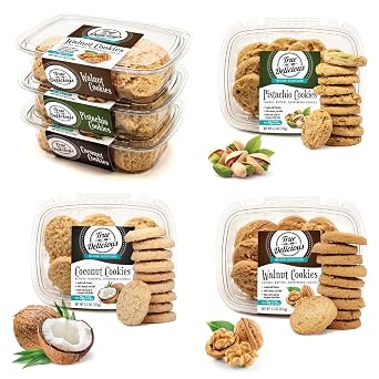 True Delicious SHORTBREAD COOKIES with Nuts, 6-pack collection, 2 containers per flavor Pistachio, Walnut, Coconut. Chunky, Buttery, Nutty. 5.5oz per container