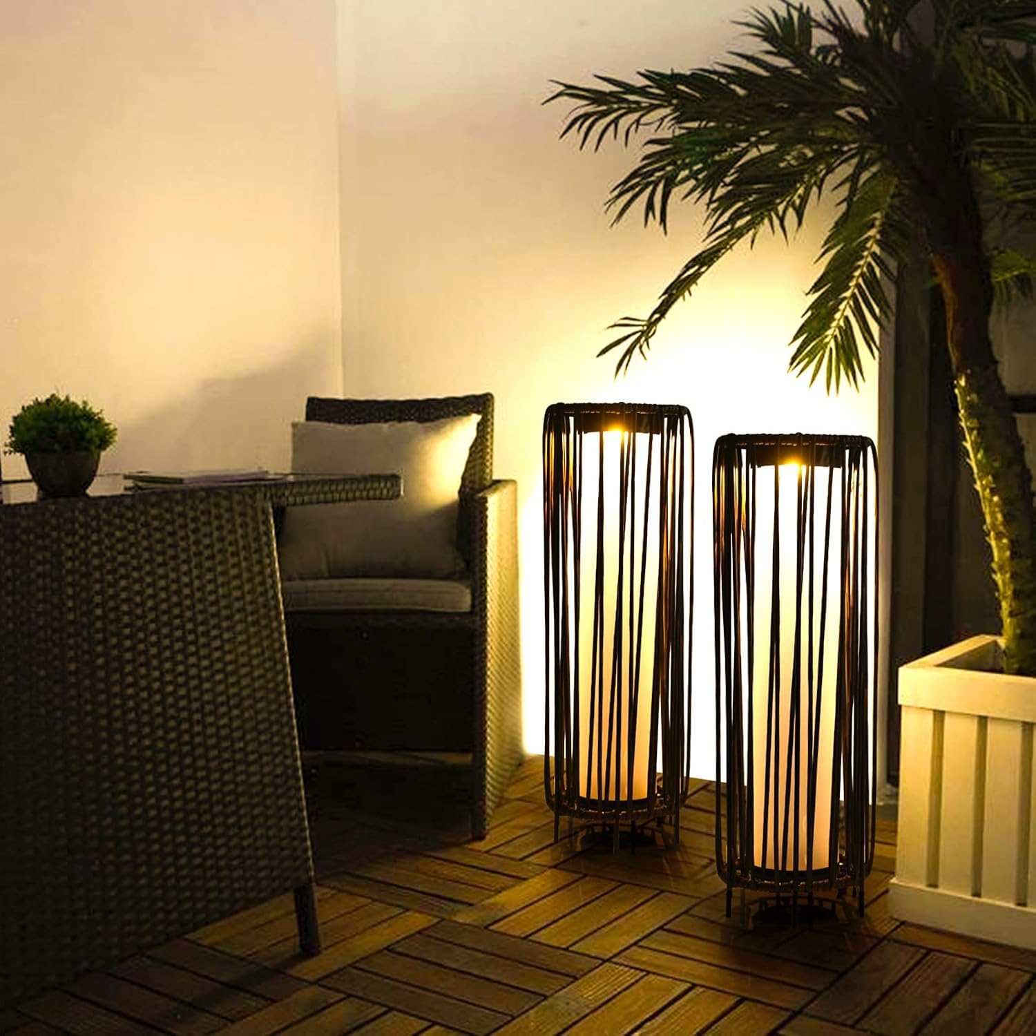 Nemophilist Solar Floor Lamp, Ourdoor Lamps for Patio Waterproof, Rattan Lanterns Solar Garden Decoration Powered Lights for Outside Deck, Front Porch Decor