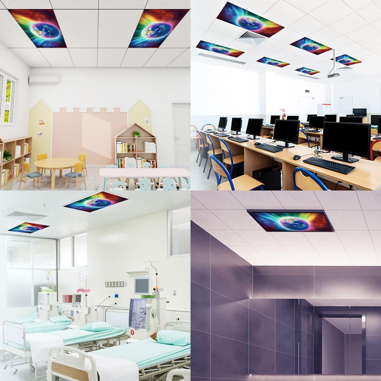 Fluorescent Light Covers for Ceiling Lights Rainbow surrounds Planet Earth Easy to Install Magnetic Light Filter for Classroom Office Hospitals School Home Decor