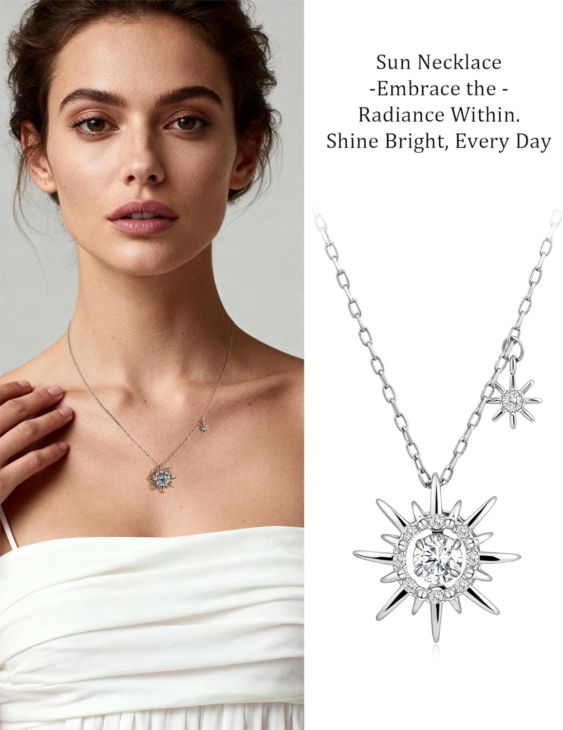 Silver Sun Chain Sunburst Pendant Celestial Cubic Zirconia Adjustable Thin Necklace Chain for Women - Image 6