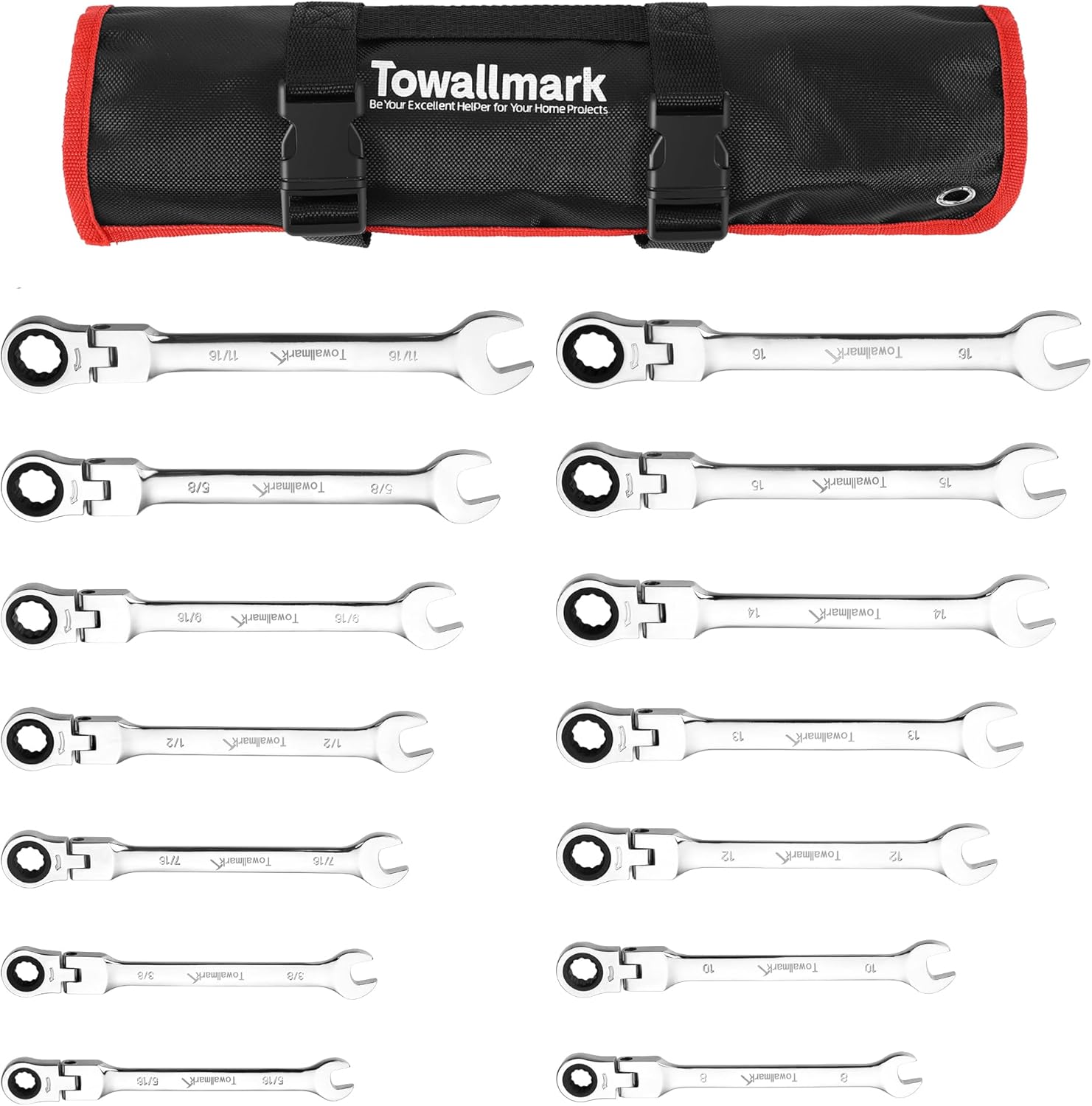 Towallmark 14-Piece Flex-Head Wrench Set, Ratcheting Combination Set, SAE 5/16"-11/16""& Metric 8-16mm, 72-Teeth,Cr-V Steel Ratchet Wrenches Set with Storage Bag for truck/garage projects, etc.