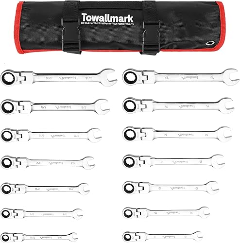 Towallmark Juego de llaves de cabeza flexible de 14 piezas, juego de combinación de trinquete, SAE 516"-1116" y métricas 0.315-0.630 in, 72 dientes,