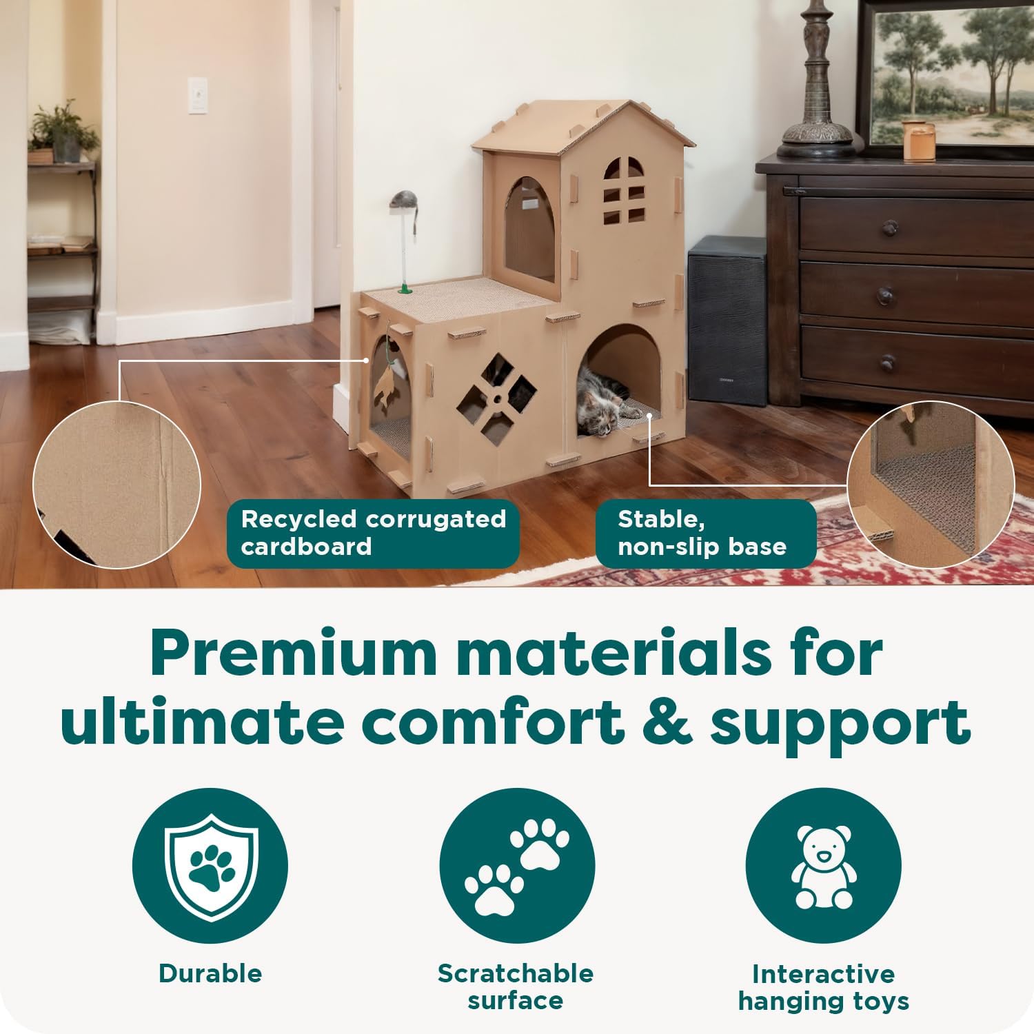 FurHaven Castle Tower Multi-Level Cardboard Cat House for Indoor Cats with Catnip & Toys, Double-Walled Corrugated Scratcher Designed for Lounging, Play & Comfort, One Size, Cardboard, Brown