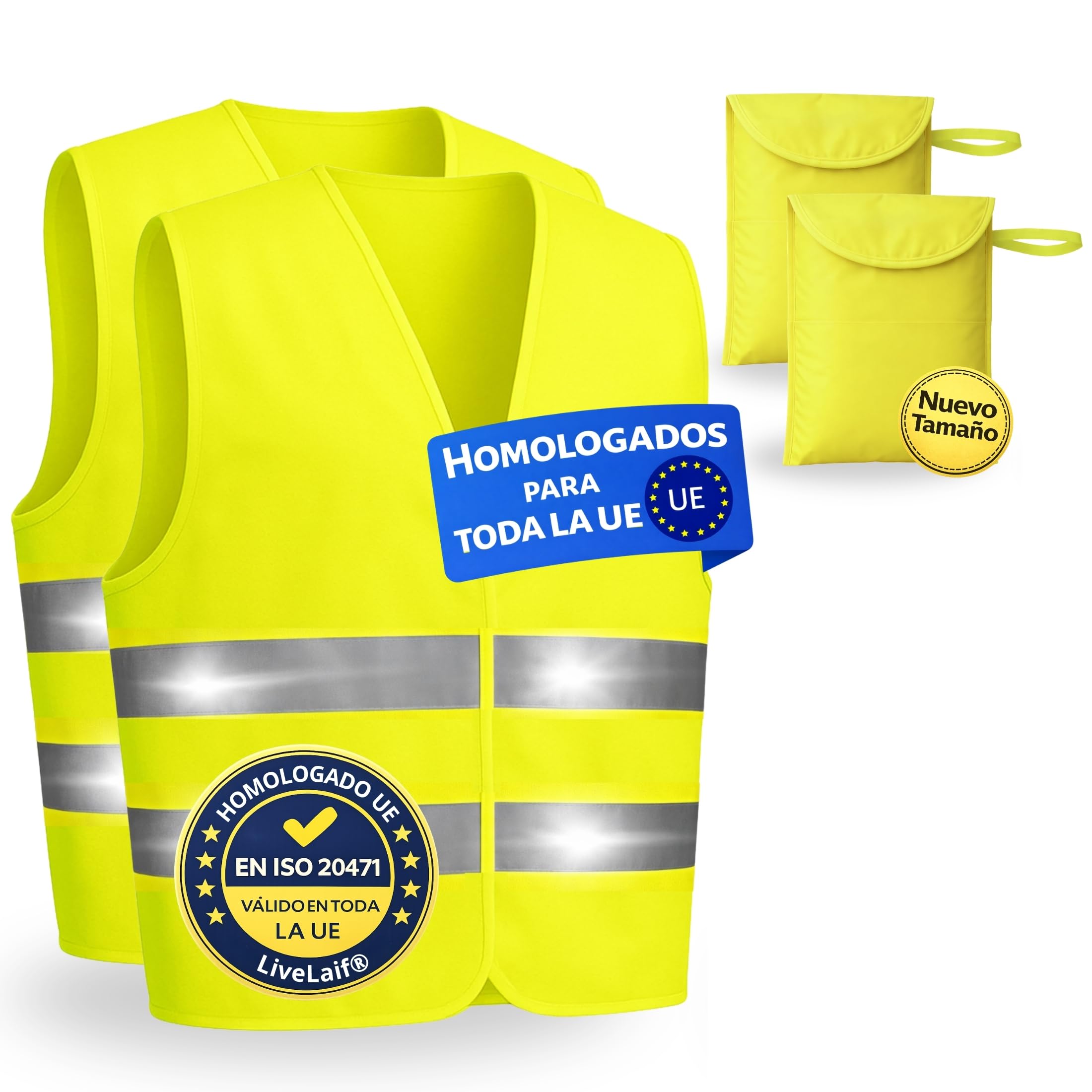 LiveLaif Pack 2 Chaleco Reflectante Homologado DGT ISO 20471 + 2 Fundas Grandes | Chaleco Trabajo Alta Visibilidad Amarillo | para Coche, Moto, Obra y Emergencias | Talla Única Unisex