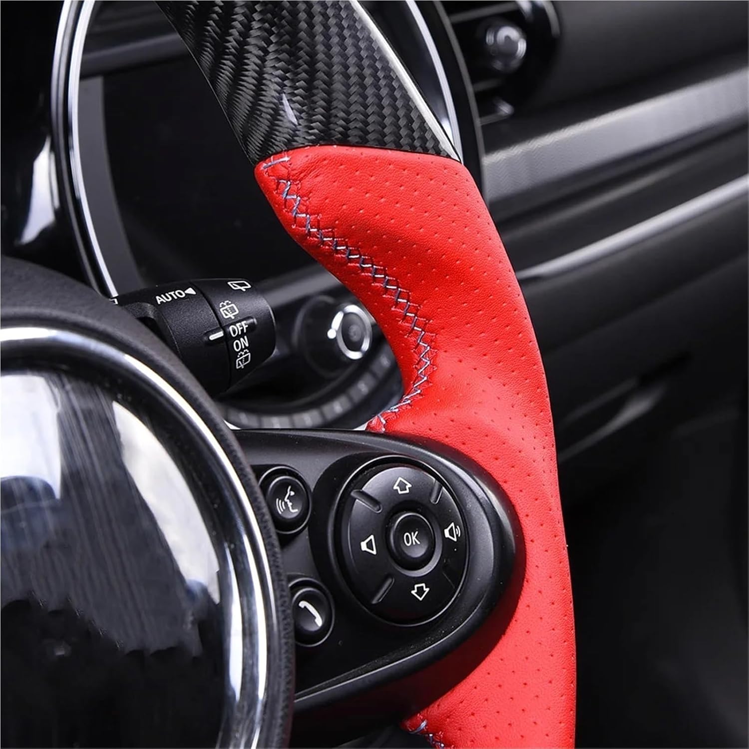 Carbon Fiber Steering Wheel Leather Customized Compatible With MINI Cooper F R Series Clubman F60 Interior Accessories F56(Carbon fiber red)