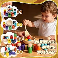 Jucărie educativă Montessori din lemn DNGH cu biluțe colorate în pahare pentru sortarea culorilor și numărare, pentru copii de 2-3 ani 4