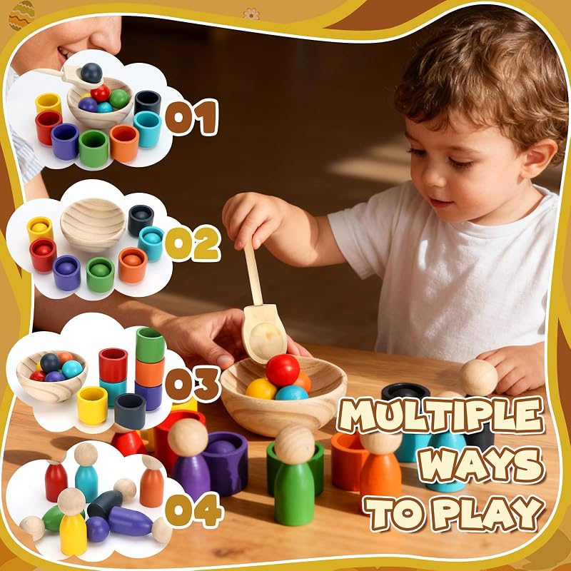 Jucărie educativă Montessori din lemn DNGH cu biluțe colorate în pahare pentru sortarea culorilor și numărare, pentru copii de 2-3 ani