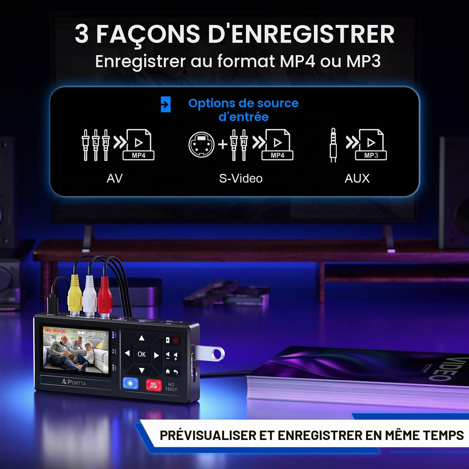 PORTTA Convertisseur VHS vers Numérique, Numerisation Cassette Video avec télécommande, RCA to HDMI Converter Compatible avec VHS, VCR, DVR, DVD, Hi8, Mini DV, Cassette Tape, Gaming Consoles
