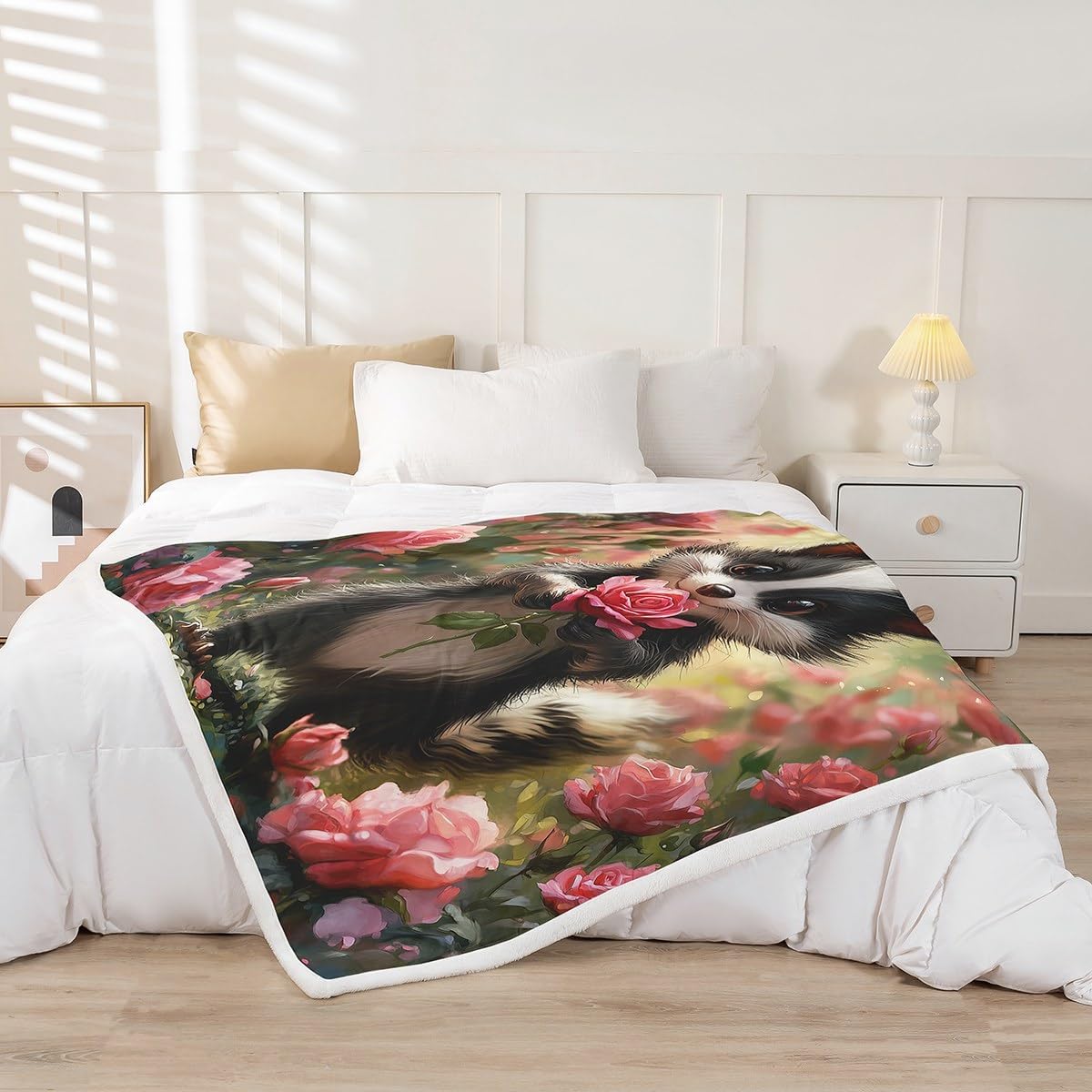 Erosebridal Funny Skunk Throw Blanket Baby 30x40,Rose Flowers Fleece Fuzzy Blanket for Kids Boys Girls Bedroom Living Room,Garden Floral Wildlife Kawaii Stuffed Animal Pattern for Skunk Lovers