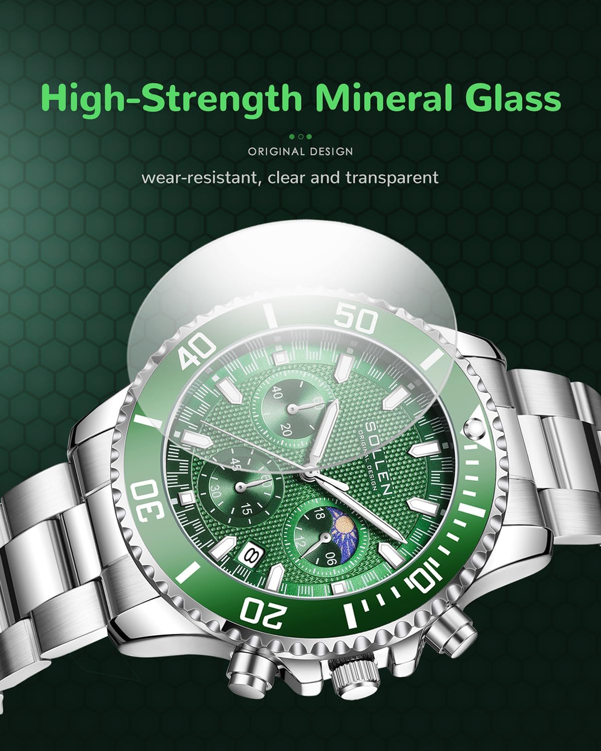 Green Men's Chronograph Watch, Formal Classic Analog Quartz Wristwatch with Date & Moon Phase & Second/Minute Chronograph, 30/3ATM Waterproof Stainless Steel Casual Business Work Watches for Daily Use, Luxury Men's Watch - 42.5mm