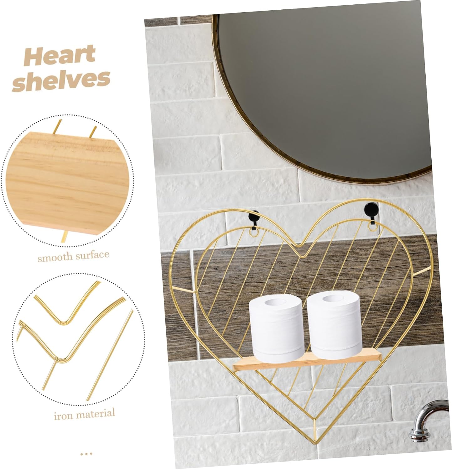 PRETYZOOM Heart Wall Shelf Iron and Wood Nordic Style for Bedroom Storage image 4