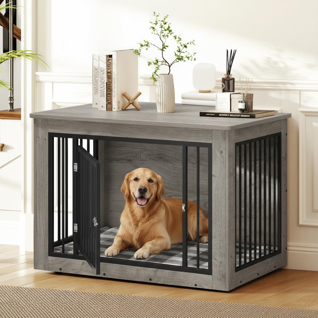 DWVO Dog Crate Furniture, 38 Inch Dog Kennel Indoor Furniture End Table for Dogs, Farmhouse Decorative Wooden Cage, Chew-Resistant, Grey